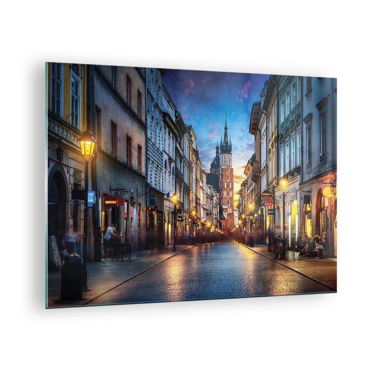 Obraz na skle - Večerný pohľad na staré mesto s kostolom v pozadí - 70x50cm - Krakovský pôvab - Moderná nástenná dekorácia do obývacej izby a spálne ARTTOR