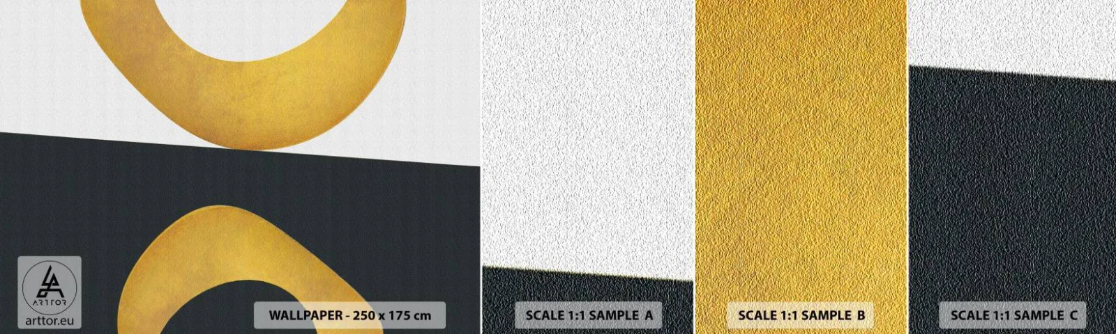 Vzorka samolepiacej fototapety Deluxe Sticker - Po prvé: zlato - Abstrakcia, Tvary, Kolesá - 100x30 cm