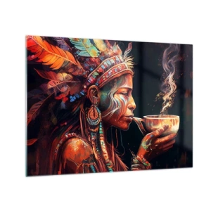 Obraz na skle - Postava v pernatej čelenke pije elixír v mystickej atmosfére - 70x50cm - Magický rituál - Moderná nástenná dekorácia do obývacej izby a spálne ARTTOR