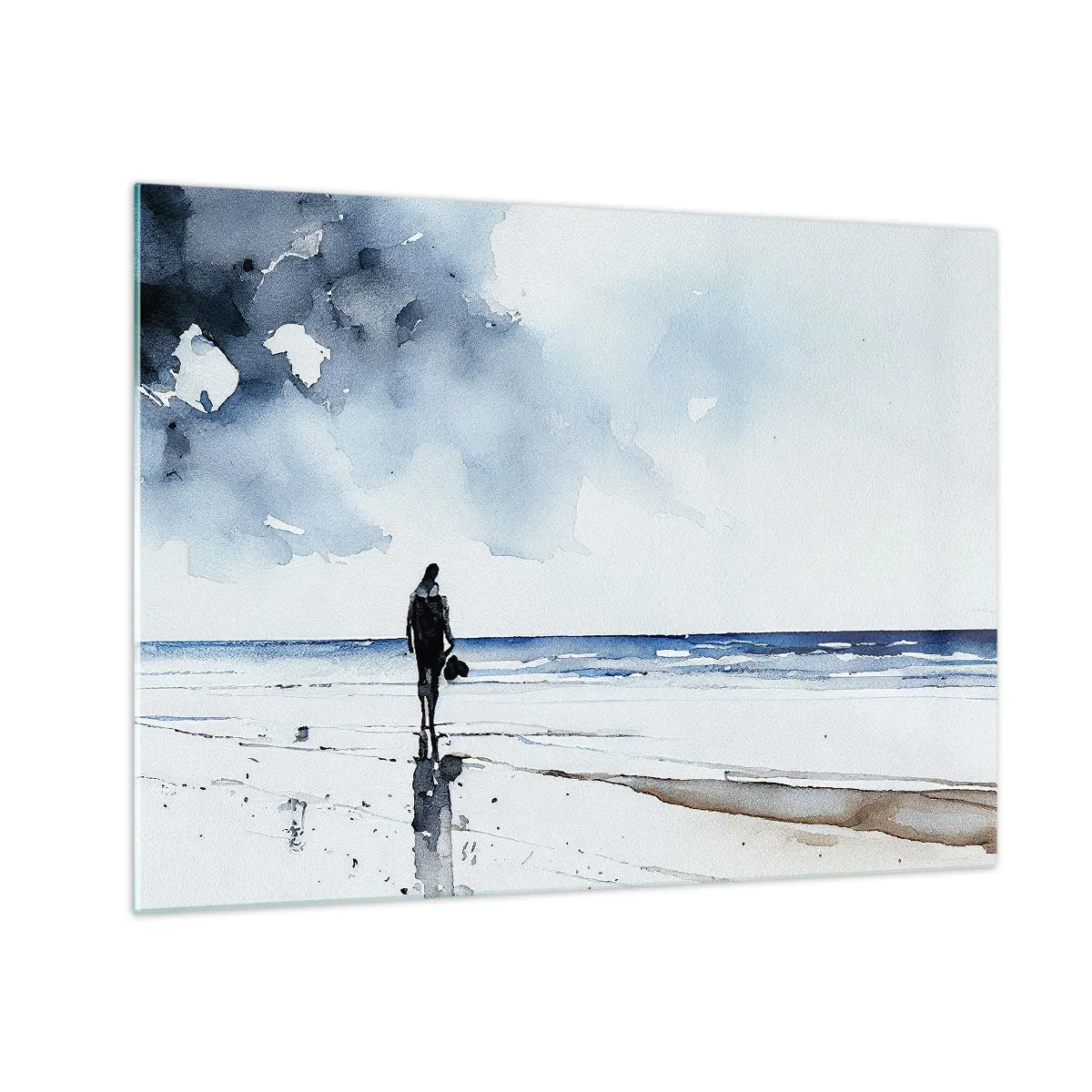 Obraz na skle - Silueta osoby na brehu mora v jemnom akvarelovom štýle - 70x50cm - Rozhovor s morom - Moderná nástenná dekorácia do obývacej izby a spálne ARTTOR