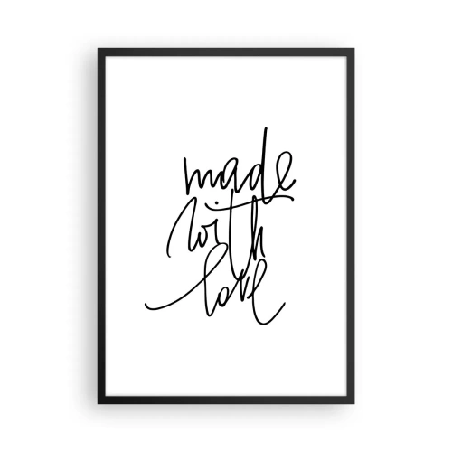 Plagát v čiernom ráme - Kaligrafický nápis Made with Love na bielom pozadí - 50x70cm - Najlepšia značka - Moderná nástenná dekorácia do obývacej izby a spálne ARTTOR