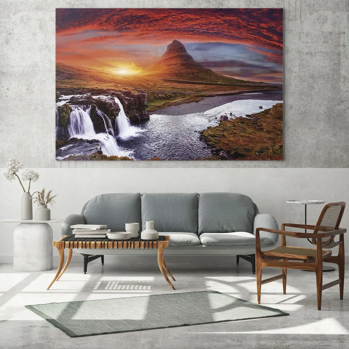 Obraz na skle - Horská krajina s vodopádom a západom slnka - 70x50cm - Pohľad na Stredozem - Moderná nástenná dekorácia do obývacej izby a spálne ARTTOR