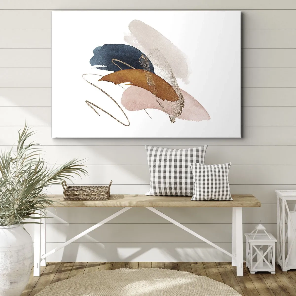 Obraz na plátne - Abstraktné ťahy v pastelových farbách so zlatými akcentmi - 70x50cm - Okrídlená kompozícia - Moderná nástenná dekorácia do obývacej izby a spálne ARTTOR