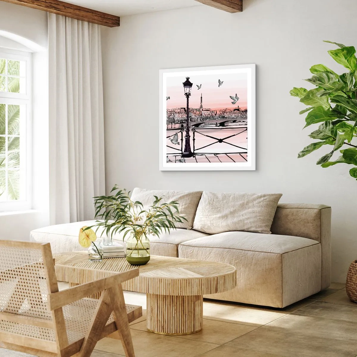 Plagát v bielom ráme - Nad strechami Paríža - 60x60 cm