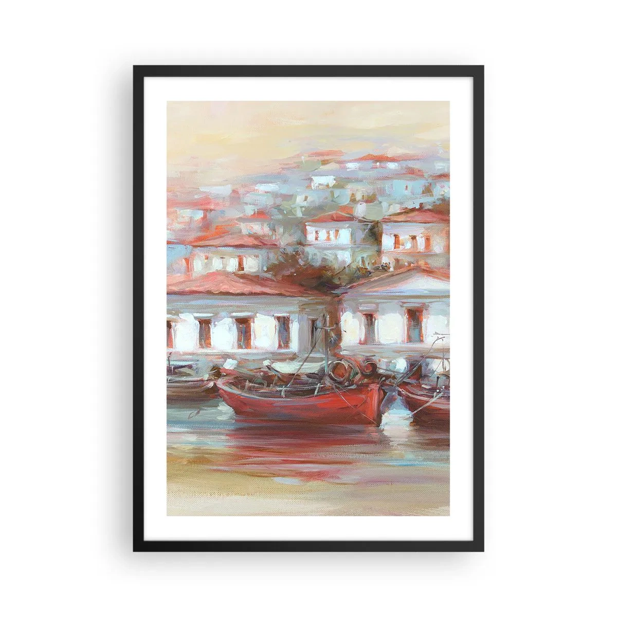 Plagát v čiernom ráme - Farebné mestečko s loďkami na brehu - 50x70cm - Šťastné mestečko - Moderná nástenná dekorácia do obývacej izby a spálne ARTTOR