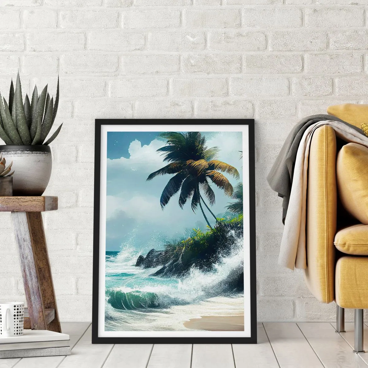Plagát v čiernom ráme - Tropická pláž s palmami a rozbúreným oceánom - 50x70cm - Na tropickom pobreží - Moderná nástenná dekorácia do obývacej izby a spálne ARTTOR