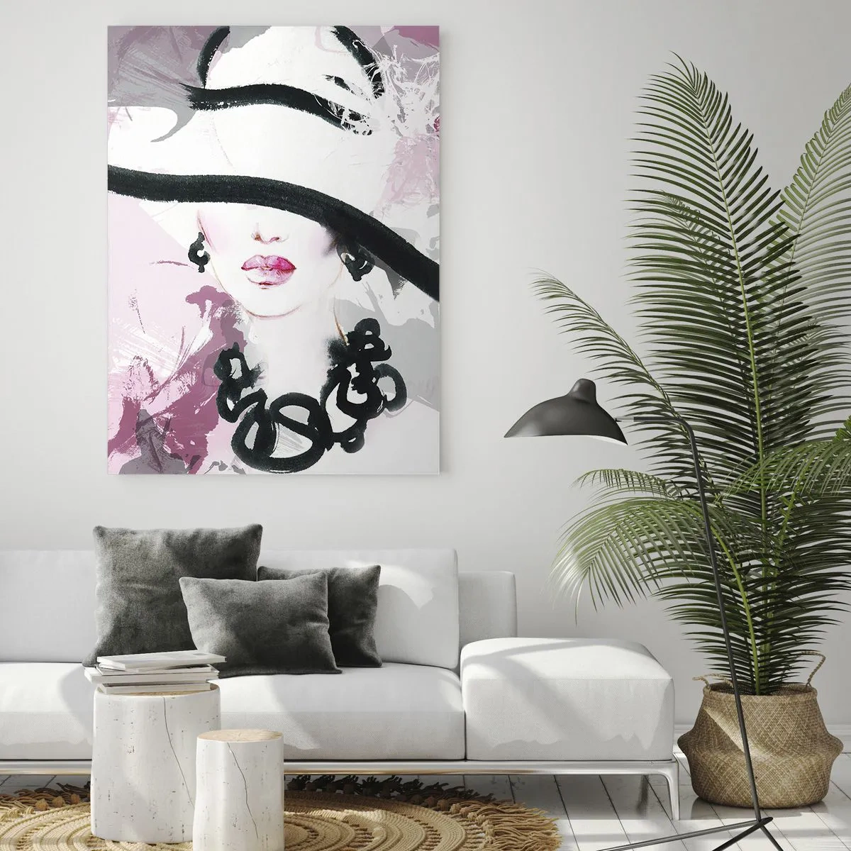 Obraz na skle - Portrét dámy v čiernej a ružovej - 50x70 cm