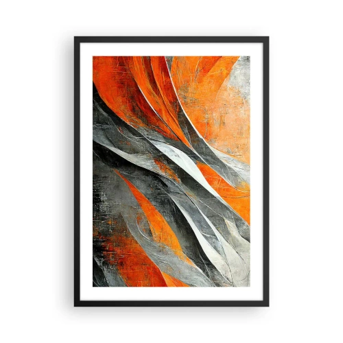 Plagát v čiernom ráme - Dynamická abstrakcia v odtieňoch oranžovej a sivej - 50x70cm - Žiar a chlad - Moderná nástenná dekorácia do obývacej izby a spálne ARTTOR