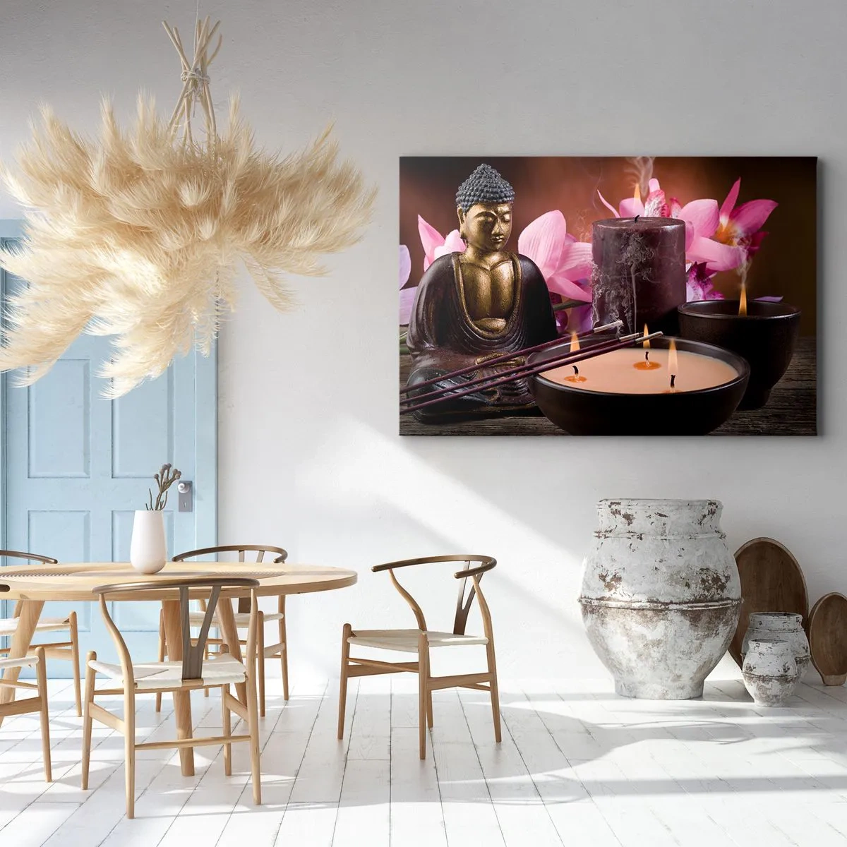 Obraz na plátne - Figúrka Budhu so zapálenými sviečkami a vonnými tyčinkami - 70x50cm - Očistiť myseľ, upokojiť telo - Moderná nástenná dekorácia do obývacej izby a spálne ARTTOR