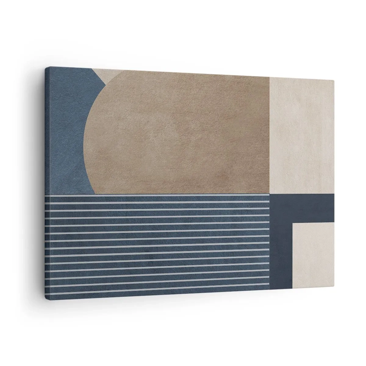 Obraz na plátne - Geometrické útvary v odtieňoch béžovej a tmavomodrej s čiarami - 70x50cm - Kompozícia jednoduchosti a guľatosti - Moderná nástenná dekorácia do obývacej izby a spálne ARTTOR