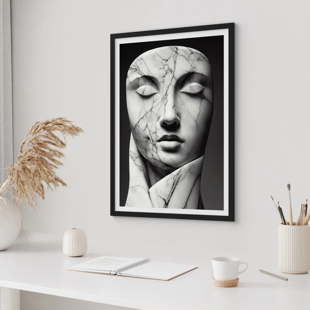 Plagát v čiernom ráme - Mramorová socha tváre so zatvorenými očami na čiernom pozadí - 50x70cm - Mramorové tvary - Moderná nástenná dekorácia do obývacej izby a spálne ARTTOR