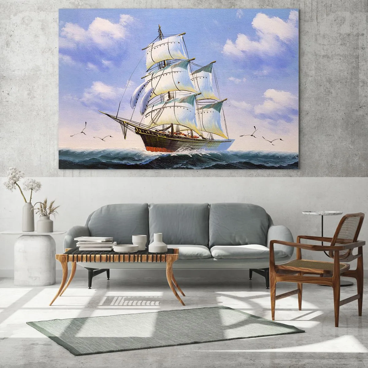 Obraz na skle - Plachetnica na otvorenom mori pod modrou oblohou - 70x50cm - Hrdo s vetrom - Moderná nástenná dekorácia do obývacej izby a spálne ARTTOR