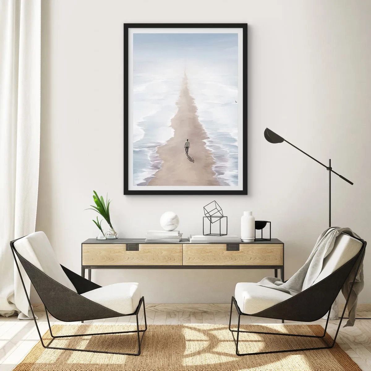 Plagát v čiernom ráme - Postava kráča osamotene po ceste uprostred pokojných vôd. - 50x70cm - Svetlá budúcnosť - Moderná nástenná dekorácia do obývacej izby a spálne ARTTOR