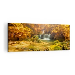 Obraz na plátne - Lesný vodopád v zlate - 120x50 cm