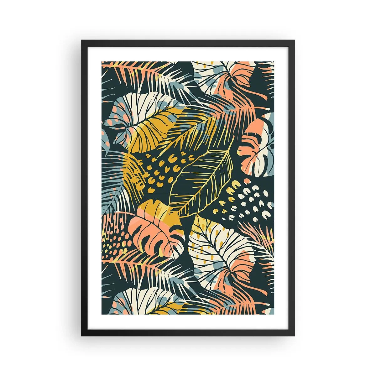 Plagát v čiernom ráme - Farebný vzor tropických listov v odtieňoch zelenej, žltej a ružovej. - 50x70cm - Listová fantázia - Moderná nástenná dekorácia do obývacej izby a spálne ARTTOR