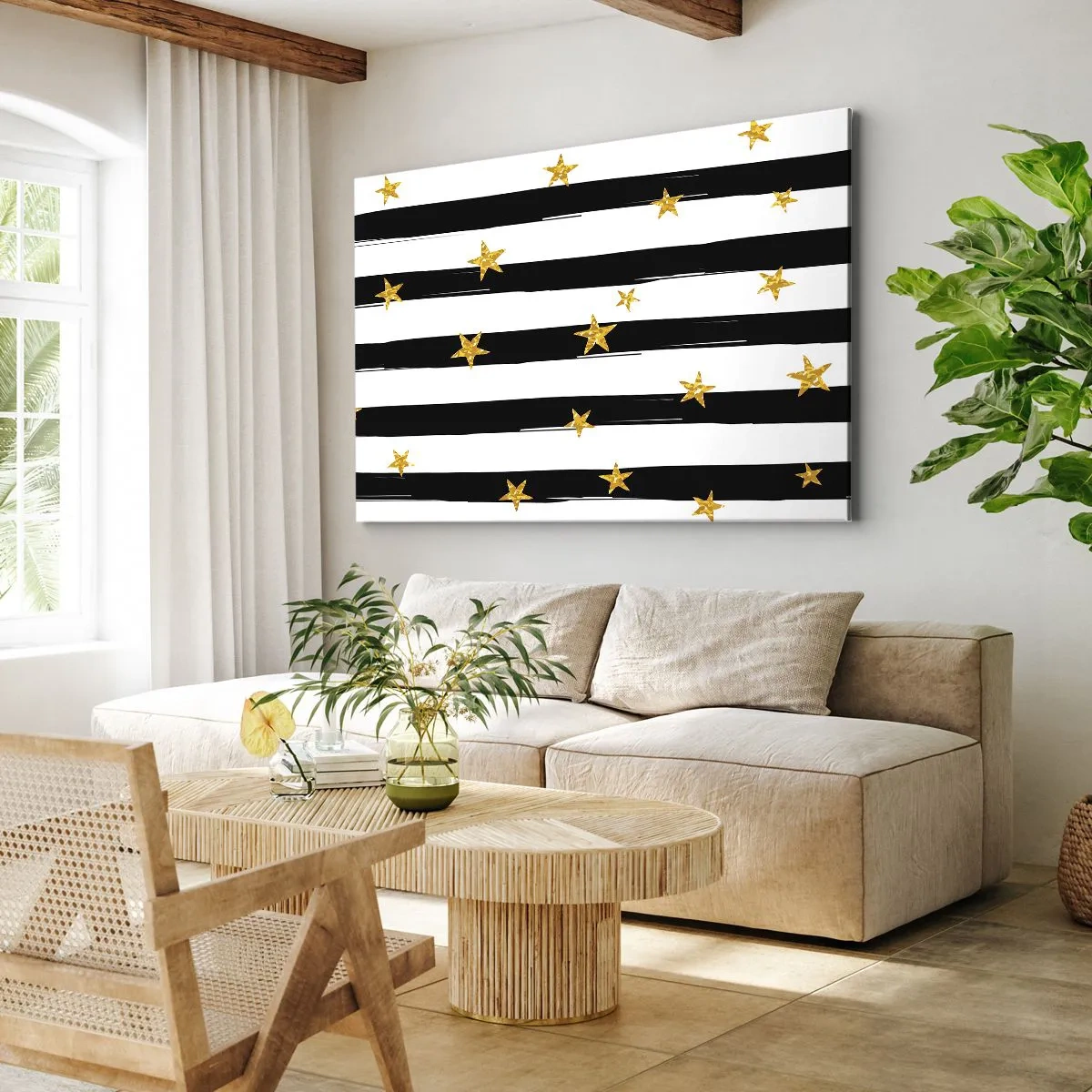 Obraz na plátne - Čiernobiele pruhy so zlatými hviezdami - 70x50cm - Všetci sme sa narodili pod šťastnou hviezdou - Moderná nástenná dekorácia do obývacej izby a spálne ARTTOR