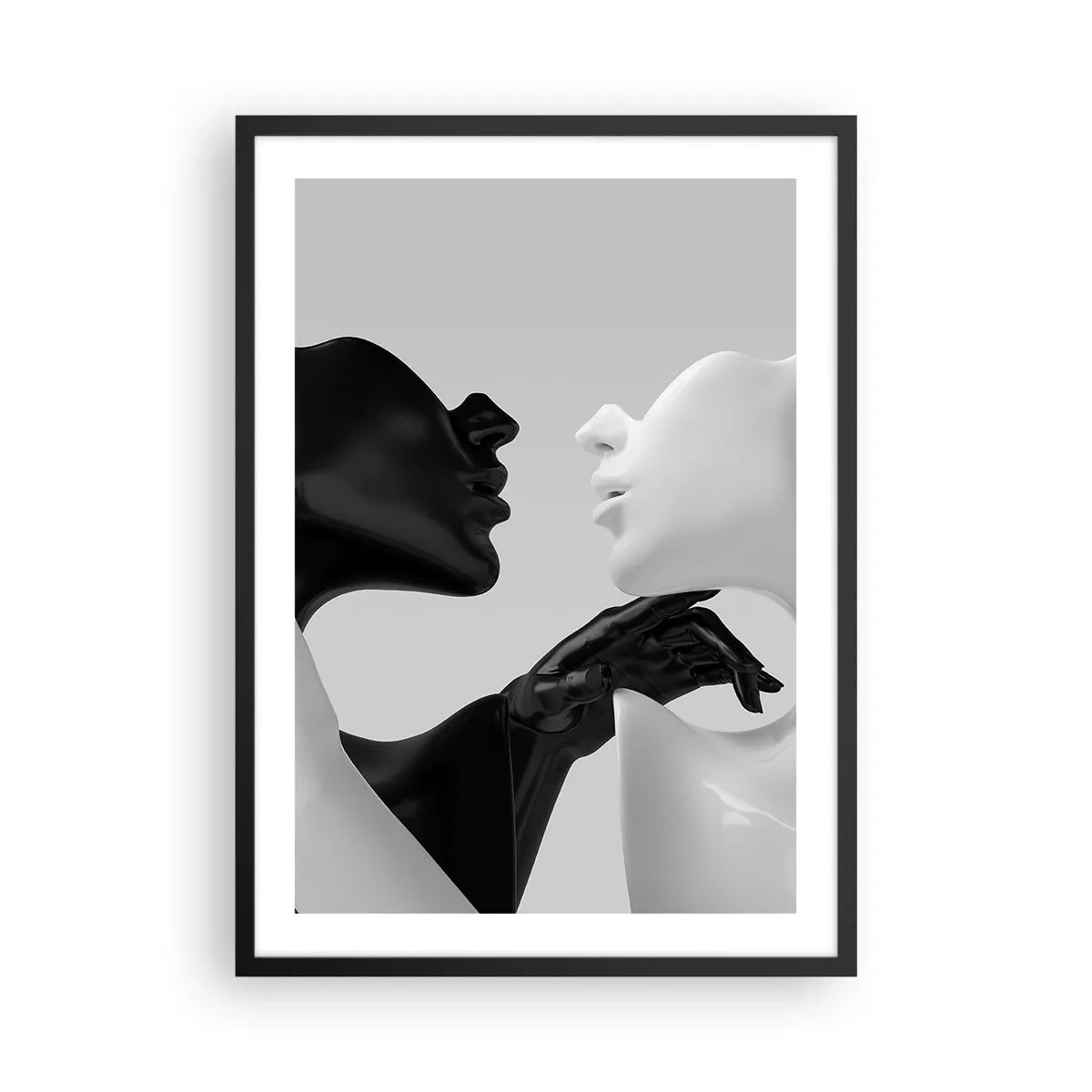 Plagát v čiernom ráme - Čiernobiela kompozícia dvoch tvárí v blízkom kontakte. - 50x70cm - Príťažlivosť – túžba - Moderná nástenná dekorácia do obývacej izby a spálne ARTTOR