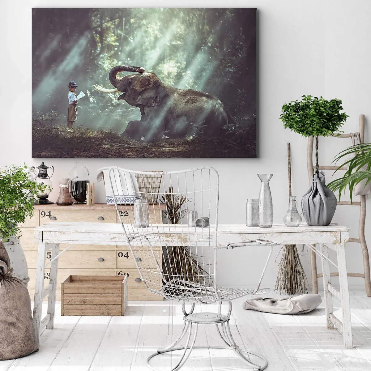 Obraz na plátne - Chlapec a slon v lesnom prostredí osvetlenom slnečným svetlom - 70x50cm - A počuj toto… - Moderná nástenná dekorácia do obývacej izby a spálne ARTTOR