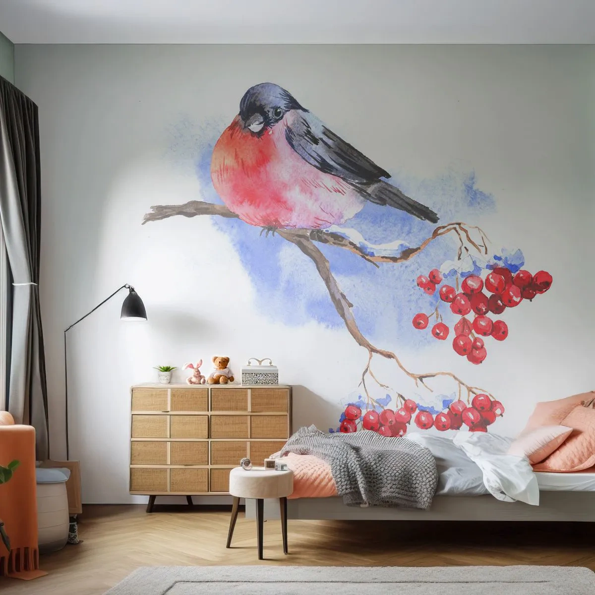 Fototapeta Standard Eco - Farebná zima - Vták Na Konári, Červená jarabina, Grafika - 400x280 cm