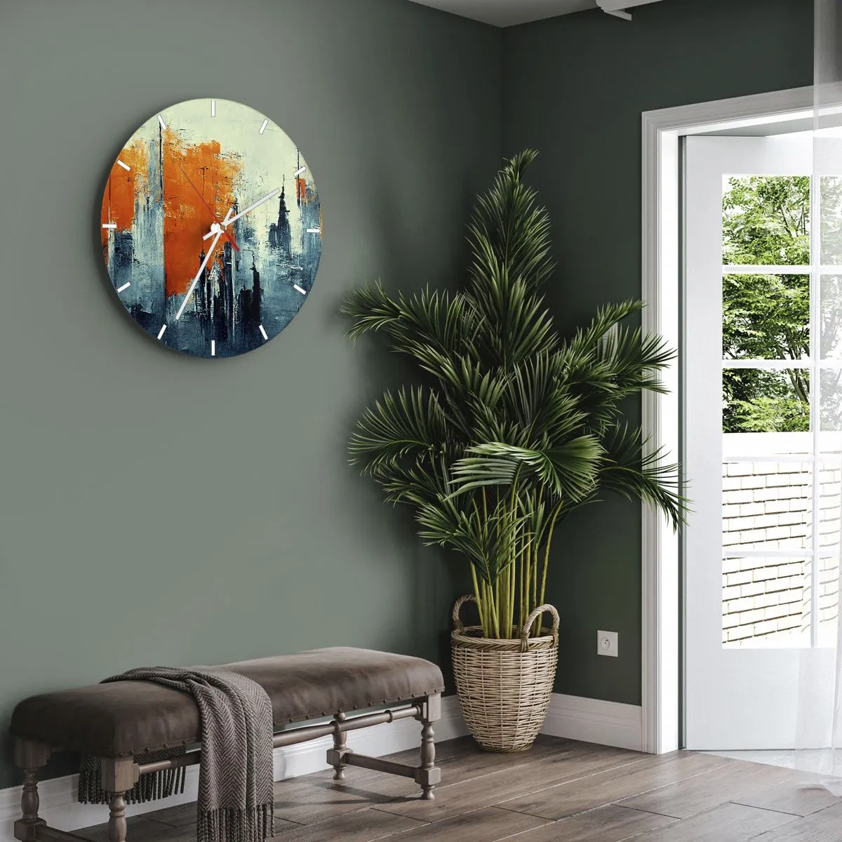 Nástenné hodiny - Abstraktná panoráma mesta v odtieňoch oranžovej a námorníckej modrej - 30x30cm - Moderná krajina - Moderná nástenná dekorácia do obývacej izby, kuchyne a spálne ARTTOR