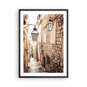 Plagát v čiernom ráme - Očarujúca kamenná ulica s lampášmi a schodmi - 50x70cm - Očarujúca ulička - Moderná nástenná dekorácia do obývacej izby a spálne ARTTOR