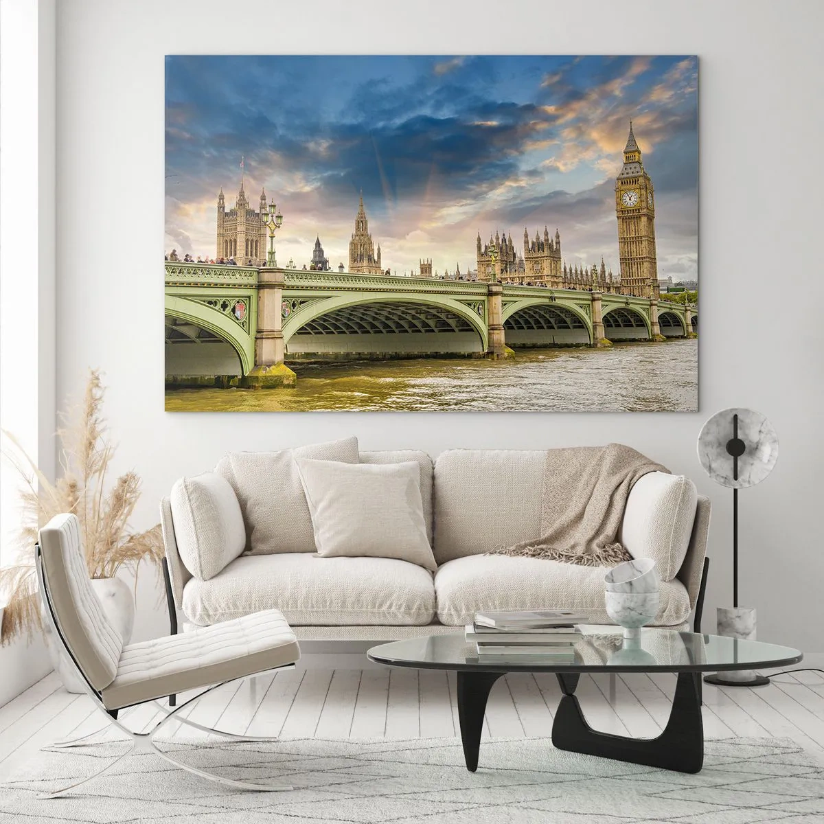 Obraz na skle - Big Ben a Westminsterský most pri západe slnka - 70x50cm - Čas sa zastavil v Impériu - Moderná nástenná dekorácia do obývacej izby a spálne ARTTOR