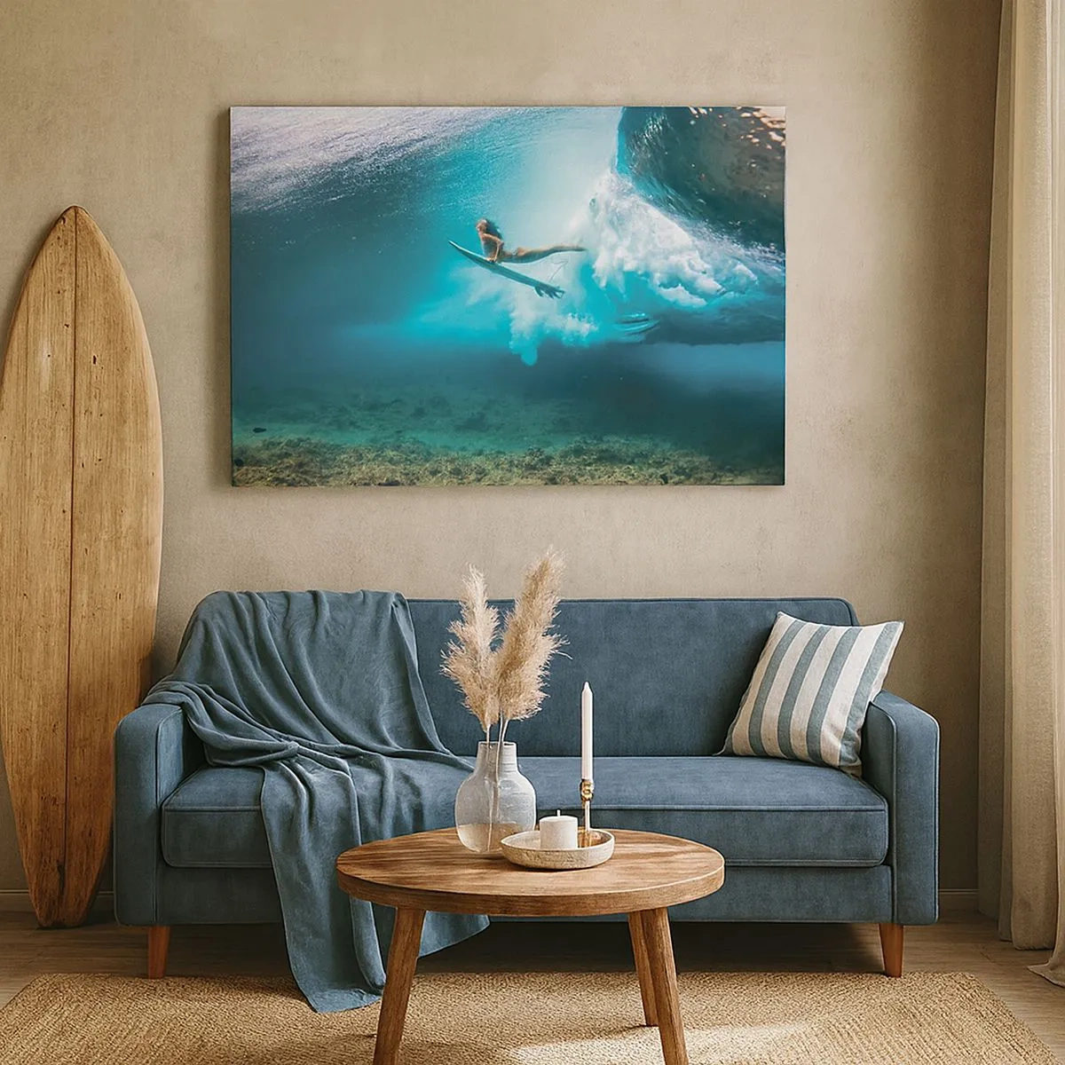 Obraz na plátne - Surfer pod vlnou v modrej oceánskej vode - 70x50cm - Podmorský svet - Moderná nástenná dekorácia do obývacej izby a spálne ARTTOR