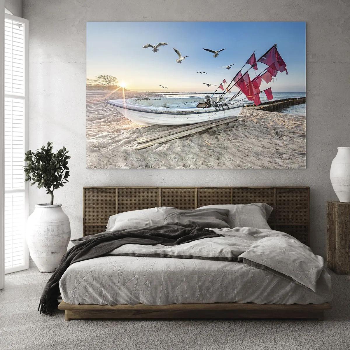 Obraz na skle - Rybársky čln na pláži pri východe slnka - 70x50cm - Zaslúžená prestávka - Moderná nástenná dekorácia do obývacej izby a spálne ARTTOR