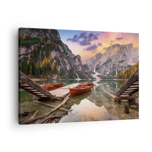 Obraz na plátne - Horské jazero s loďkami pri západe slnka - 70x50cm - Sľub dňa - Moderná nástenná dekorácia do obývacej izby a spálne ARTTOR