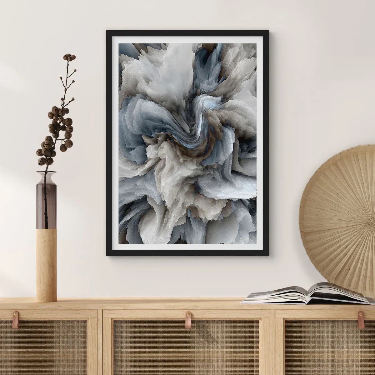 Plagát v čiernom ráme - Abstraktná explózia farieb v odtieňoch sivej a modrej. - 50x70cm - Kameň a kvet - Moderná nástenná dekorácia do obývacej izby a spálne ARTTOR