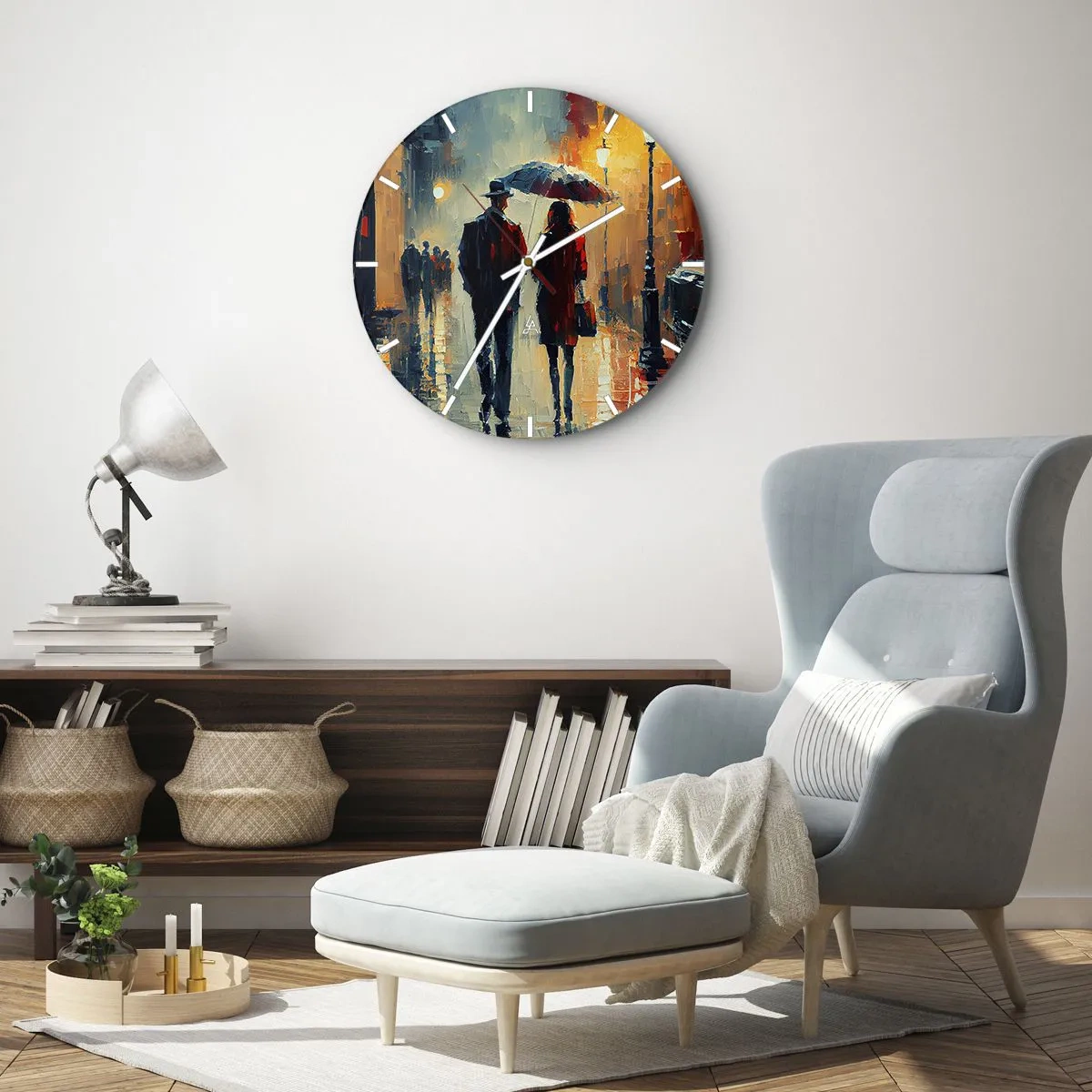 Nástenné hodiny - Pár pod dáždnikom v mestskom prostredí namaľovaný špachtľou - 30x30cm - Mestská love story - Moderná nástenná dekorácia do obývacej izby, kuchyne a spálne ARTTOR