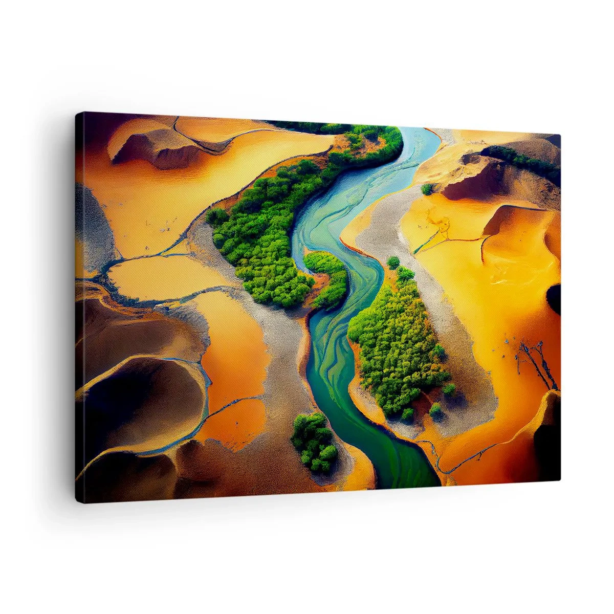 Obraz na plátne - Zelená rieka obklopená zlatým pieskom a vegetáciou - 70x50cm - Životodarná rieka - Moderná nástenná dekorácia do obývacej izby a spálne ARTTOR