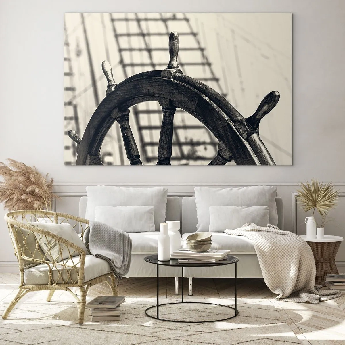 Obraz na skle - Čiernobiele námorné lodné kormidlo - 70x50cm - Morské príbehy - Moderná nástenná dekorácia do obývacej izby a spálne ARTTOR