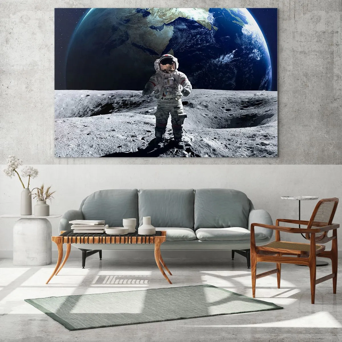 Obraz na skle - Astronaut na povrchu Mesiaca so Zemou v pozadí - 70x50cm - Pozdravy z Mesiaca - Moderná nástenná dekorácia do obývacej izby a spálne ARTTOR