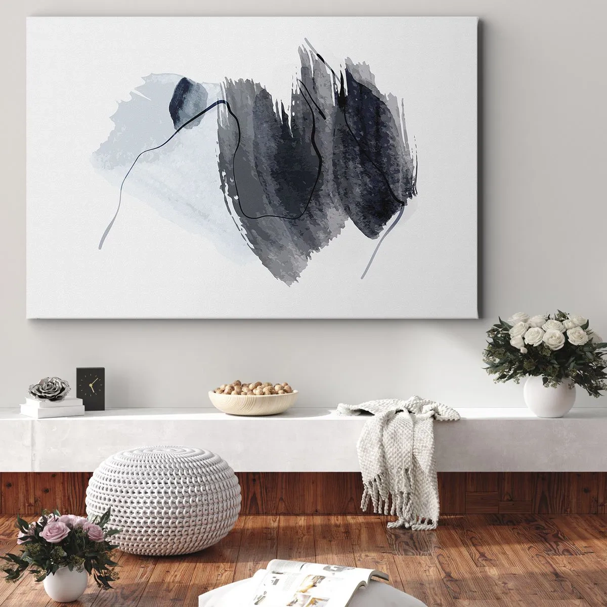 Obraz na plátne - Abstraktná kompozícia v odtieňoch sivej a modrej - 70x50cm - Intenzita a pohyb - Moderná nástenná dekorácia do obývacej izby a spálne ARTTOR