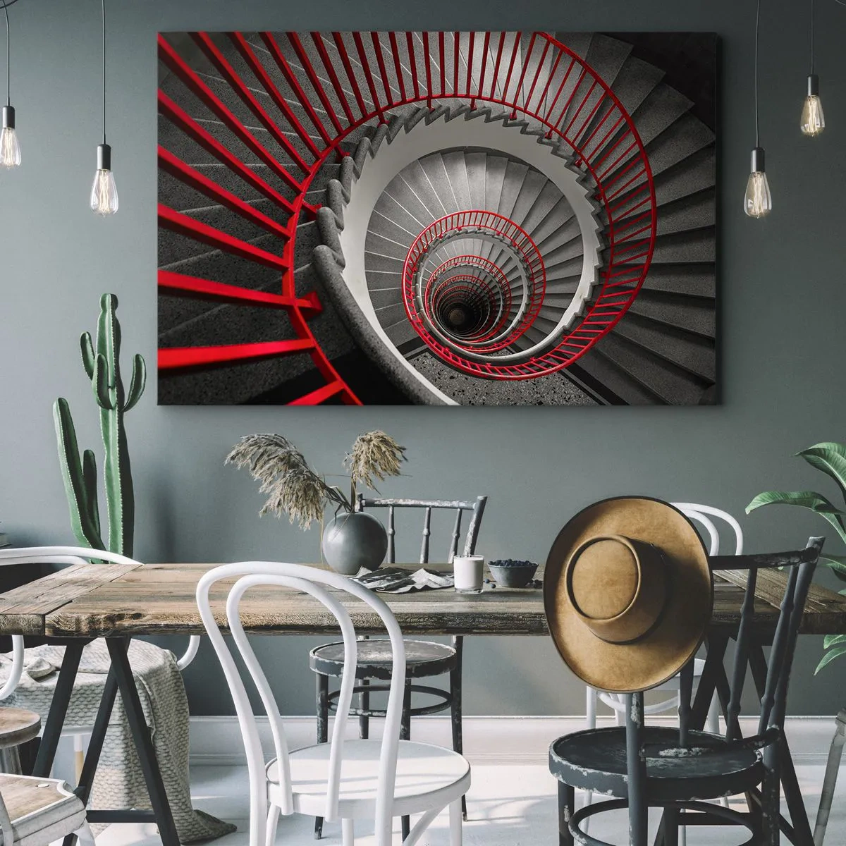 Obraz na plátne - Točité schodisko s červenými zábradlím v dynamickej perspektíve - 70x50cm - Architektonické hry - Moderná nástenná dekorácia do obývacej izby a spálne ARTTOR