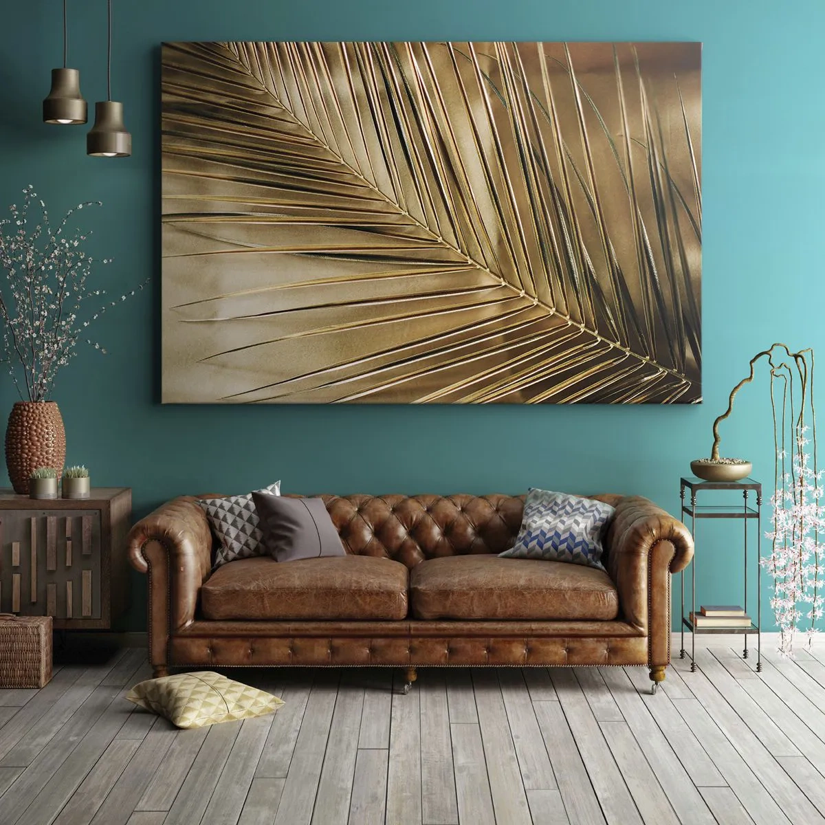 Obraz na plátne - Zlatý palmový list na pevnom pozadí - 70x50cm - Prírodná kolonáda - Moderná nástenná dekorácia do obývacej izby a spálne ARTTOR