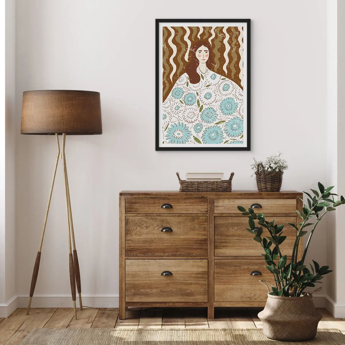 Plagát v čiernom ráme - Štylizovaný portrét ženy v kvetinových šatách na pozadí vlnitých vzorov. - 50x70cm - Portrét v kvetinovom rúchu - Moderná nástenná dekorácia do obývacej izby a spálne ARTTOR