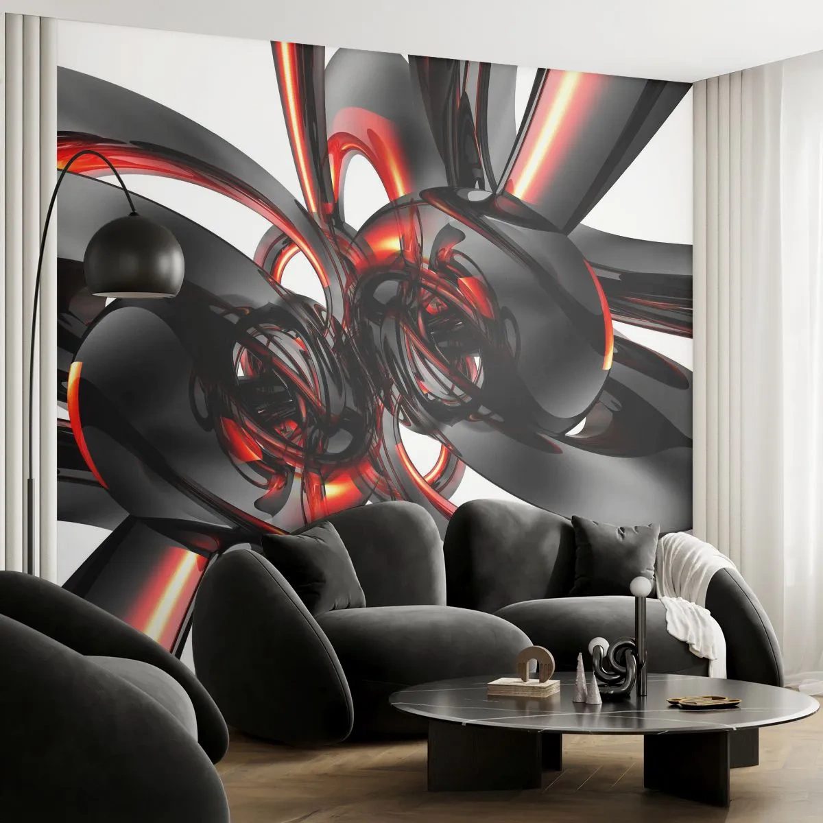 Samolepiaca Fototapeta Deluxe Sticker - Pohyb v grafitovej a červenej - Abstrakcia, 3D, Kus - 250x175 cm