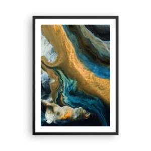 Plagát v čiernom ráme - Abstraktná kompozícia v odtieňoch zlatej a modrej. - 50x70cm - Modrá – žltá – vzájomné vplyvy - Moderná nástenná dekorácia do obývacej izby a spálne ARTTOR