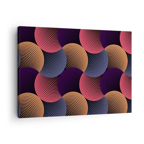 Obraz na plátne - Geometrické kruhy v odtieňoch ružovej, fialovej a zlatej - 70x50cm - V kruhovom rytme - Moderná nástenná dekorácia do obývacej izby a spálne ARTTOR