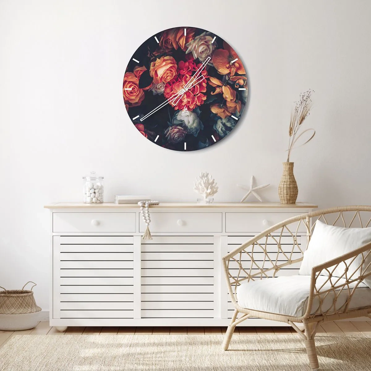 Nástenné hodiny - Kvetinový aranžmán v barokovom štýle na tmavom pozadí - 30x30cm - Ako u holandských majstrov - Moderná nástenná dekorácia do obývacej izby, kuchyne a spálne ARTTOR