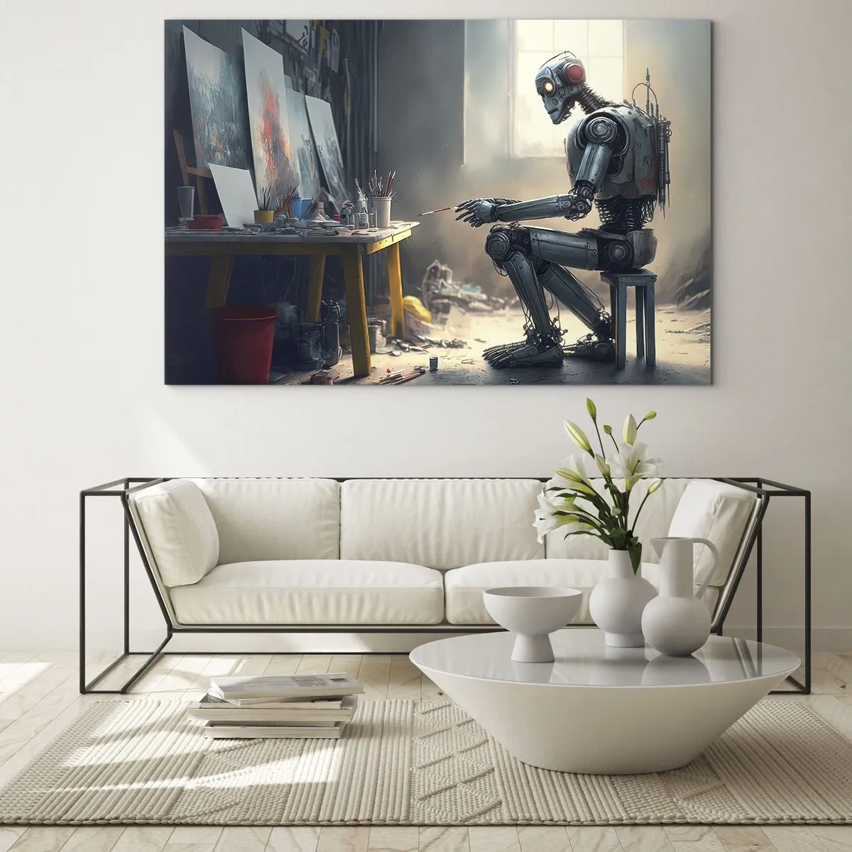 Obraz na skle - Robot maľuje obrazy v umeleckom štúdiu - 70x50cm - Akt stvorenia - Moderná nástenná dekorácia do obývacej izby a spálne ARTTOR
