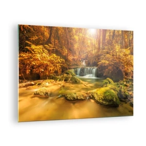 Obraz na skle - Lesná kaskáda v zlate - 70x50cm - Lesný vodopád v zlate - Moderná nástenná dekorácia do obývacej izby a spálne ARTTOR