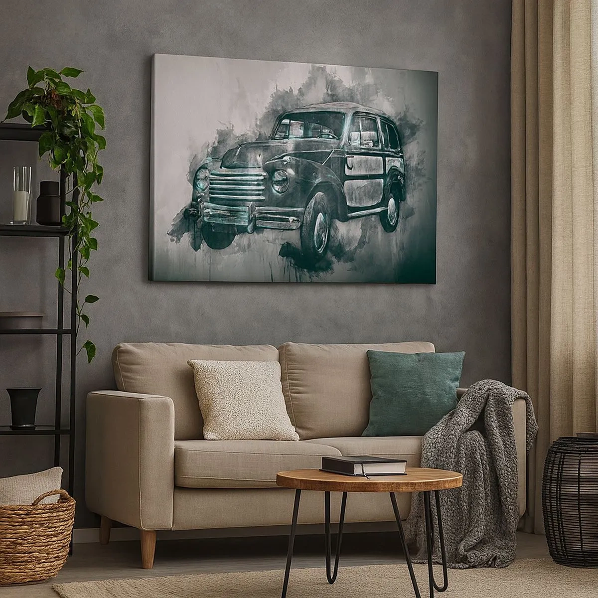 Obraz na plátne - Klasické retro auto s umeleckým pozadím - 70x50cm - Ctený predok - Moderná nástenná dekorácia do obývacej izby a spálne ARTTOR