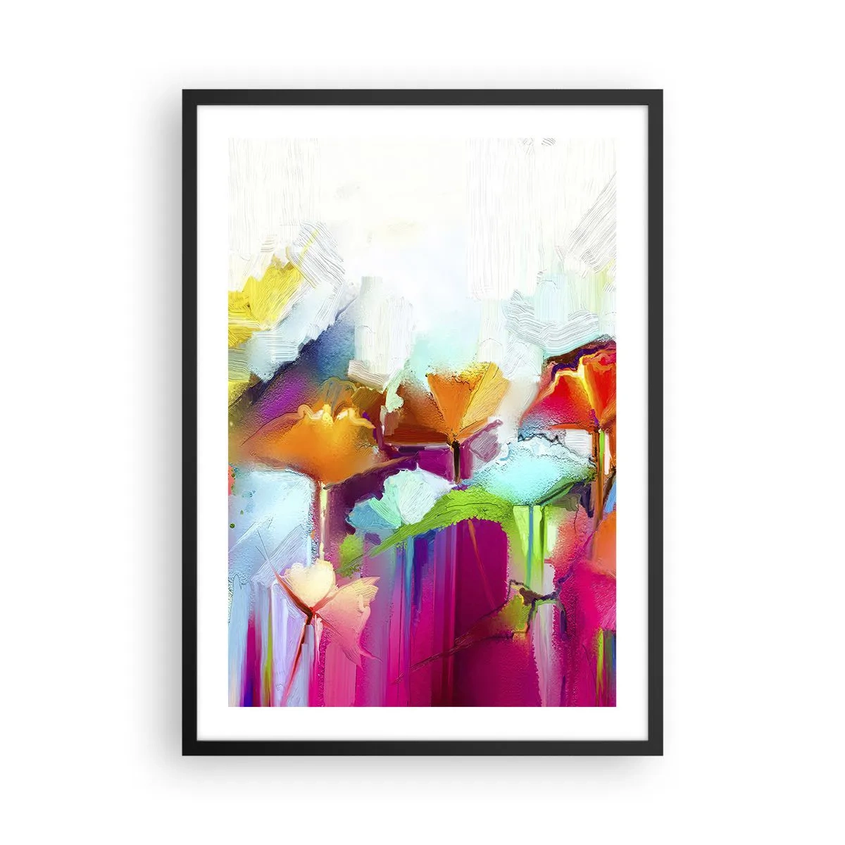 Plagát v čiernom ráme - Abstraktné kvety v intenzívnych farbách na bielom pozadí - 50x70cm - Dúha rozkvitla - Moderná nástenná dekorácia do obývacej izby a spálne ARTTOR