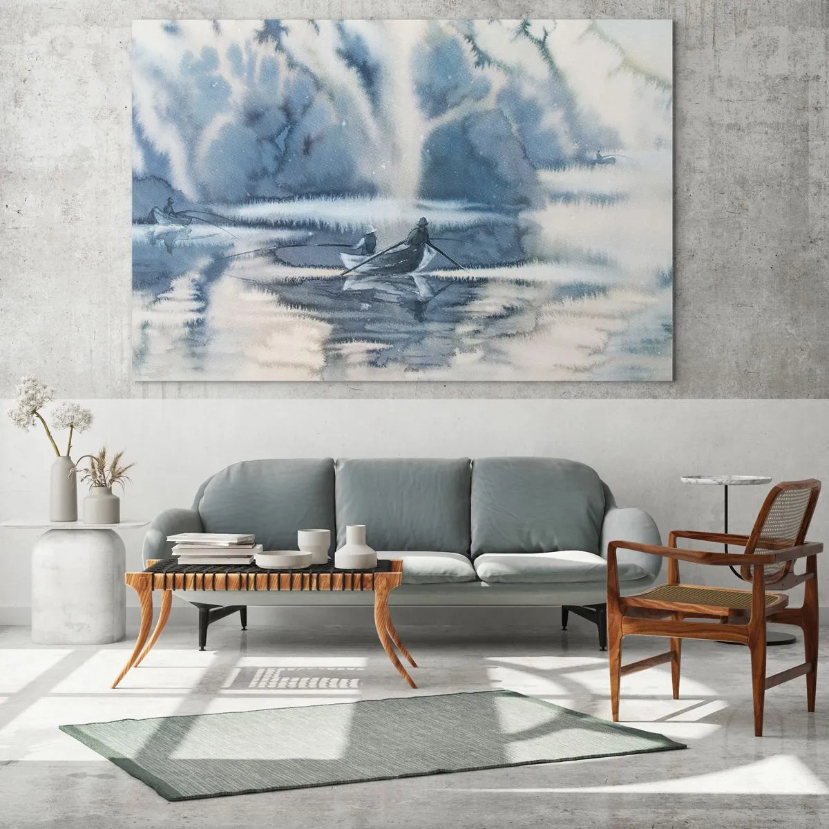 Obraz na skle - Dvaja rybári na lodi obklopení hmlistou krajinou - 70x50cm - Rybári vo svojom raji - Moderná nástenná dekorácia do obývacej izby a spálne ARTTOR
