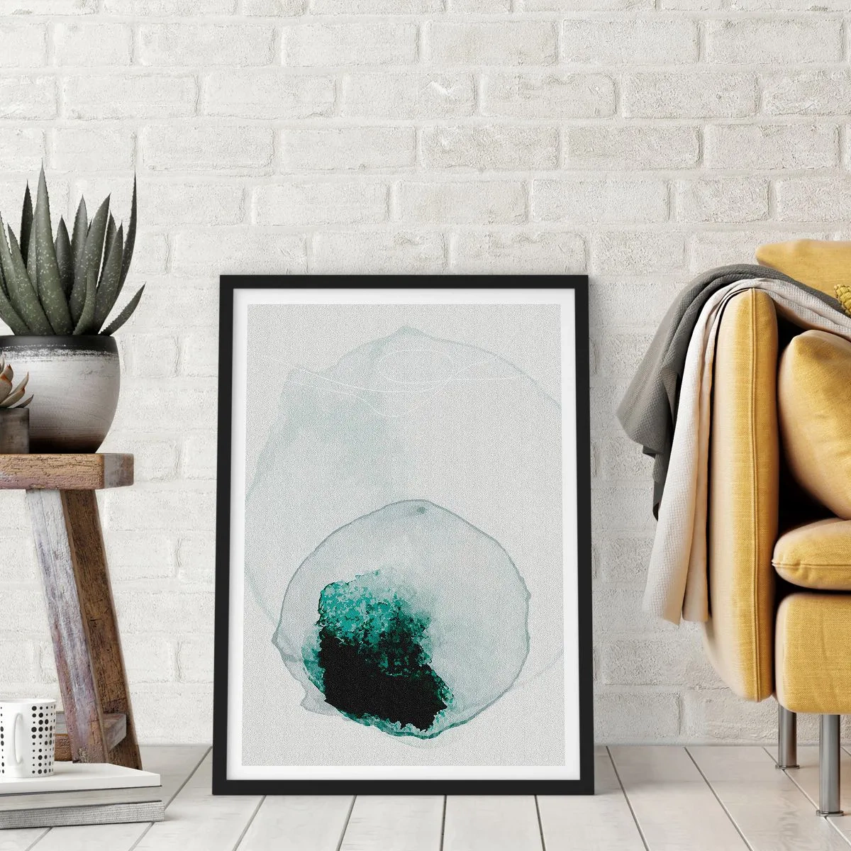 Plagát v čiernom ráme - Abstraktná organická forma v odtieňoch zelenej - 50x70cm - V kvapke vody - Moderná nástenná dekorácia do obývacej izby a spálne ARTTOR