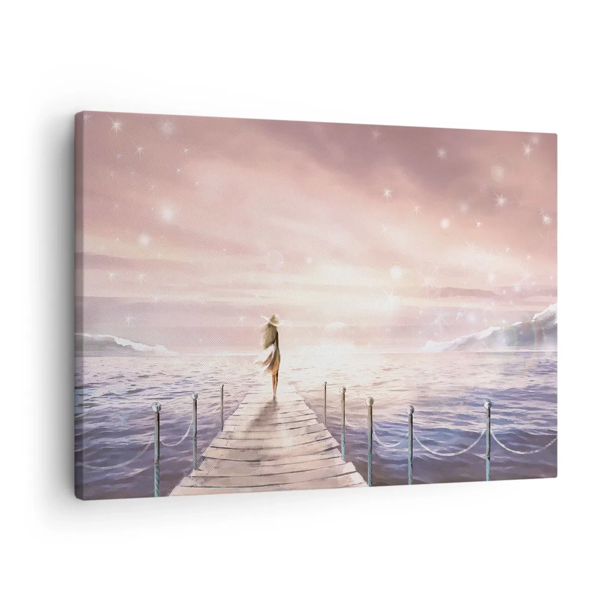 Obraz na plátne - Žena na móle v magickom prostredí západu slnka - 70x50cm - Vo svetle sna - Moderná nástenná dekorácia do obývacej izby a spálne ARTTOR