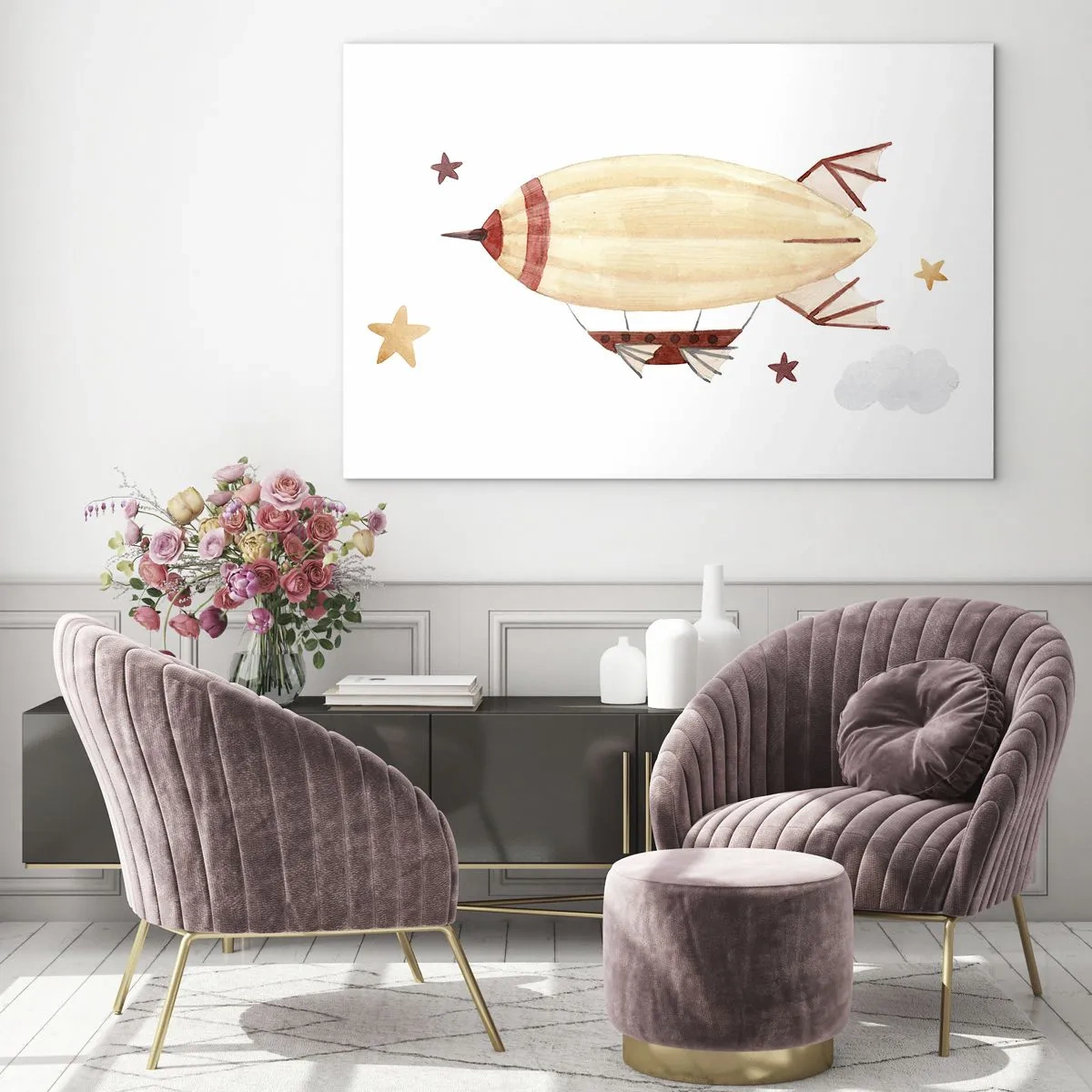 Obraz na skle - Kreslená vzducholoď medzi hviezdami na bielom pozadí - 70x50cm - Vzducholoď - Moderná nástenná dekorácia do obývacej izby a spálne ARTTOR